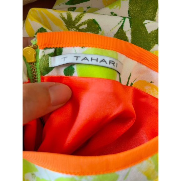 T TAHARI Terry Sheath Summer Dress Sleeveless Floral Bright Lime, Orange, Green, - Picture 8 of 11